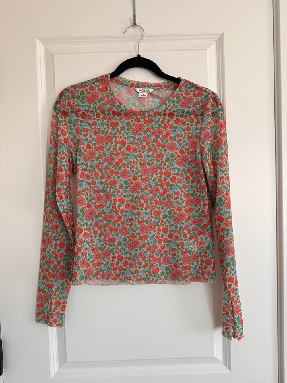 Monki Floral Long Sleeve Mesh Top in Pink and Green
